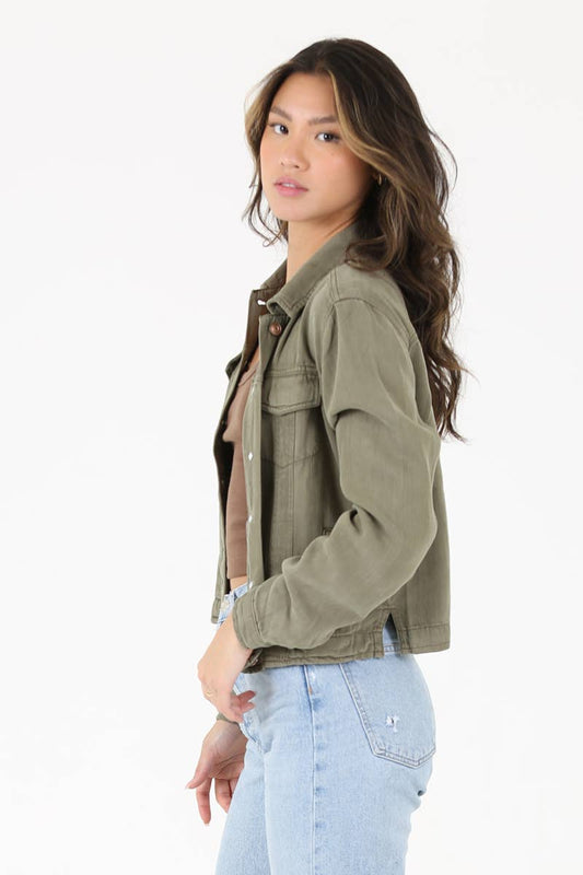 Washed Olive Tencel Button Front Jacket - Purpose + Passion Boutique