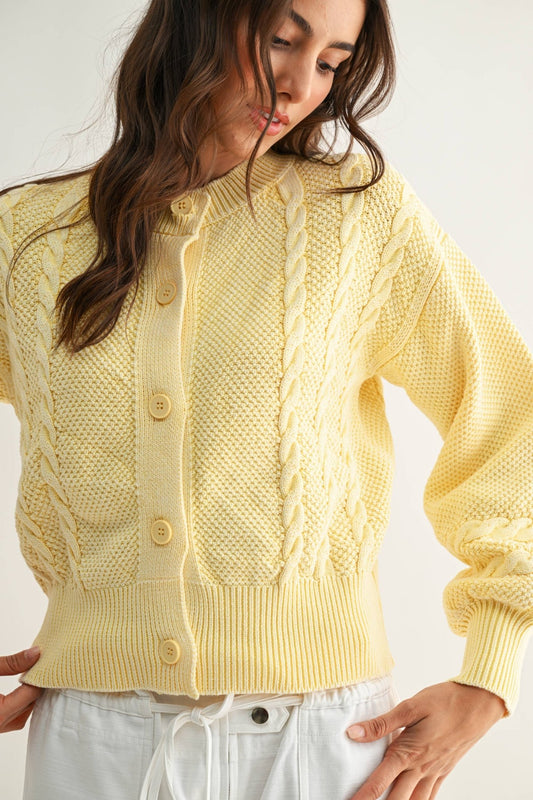 Washed Yellow Cable Knit Cardigan - Purpose + Passion Boutique