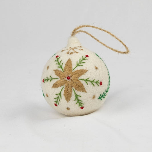 White Felt Ball Hand Embroidered Ornament - Purpose + Passion Boutique
