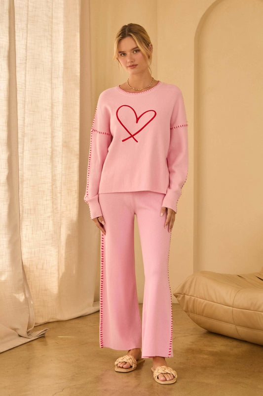 Wide Leg Pink Red Knit Pants with Blanket Stitch - Purpose + Passion Boutique