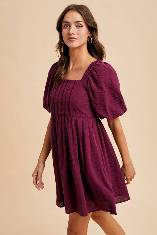 Winter Plum Cotton Box Pleat Mini Dress - Purpose + Passion Boutique