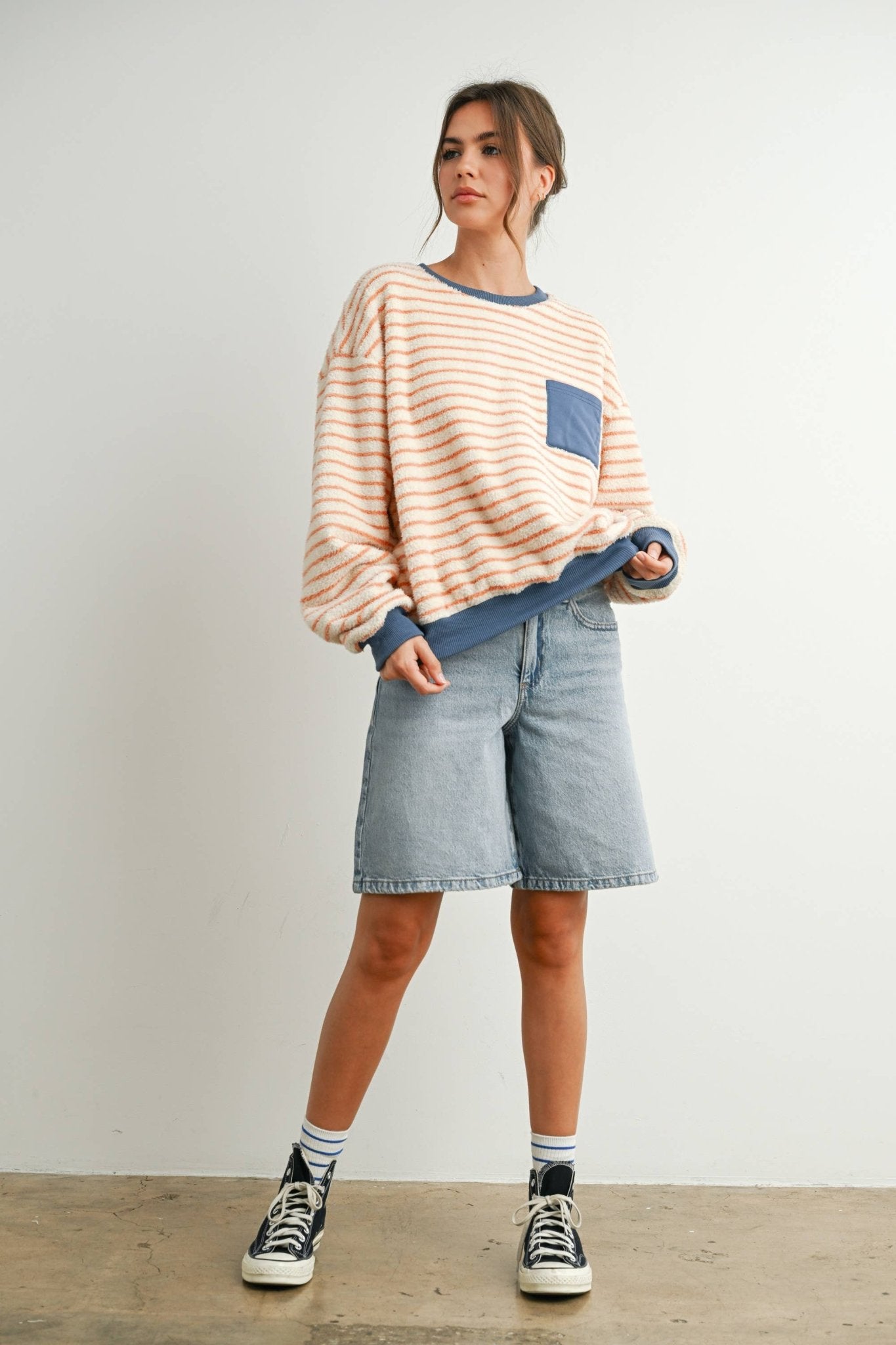 Yellow / Blue Striped Oversized Crewneck Long Sleeve Sweater - Purpose + Passion Boutique