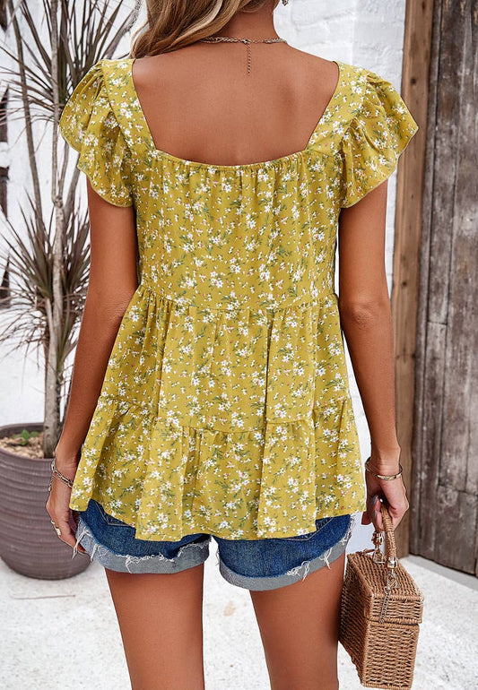 Yellow Floral Square - Neck Top - Purpose + Passion Boutique