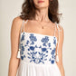 White & Blue Tie Shoulder Embroidered Dress