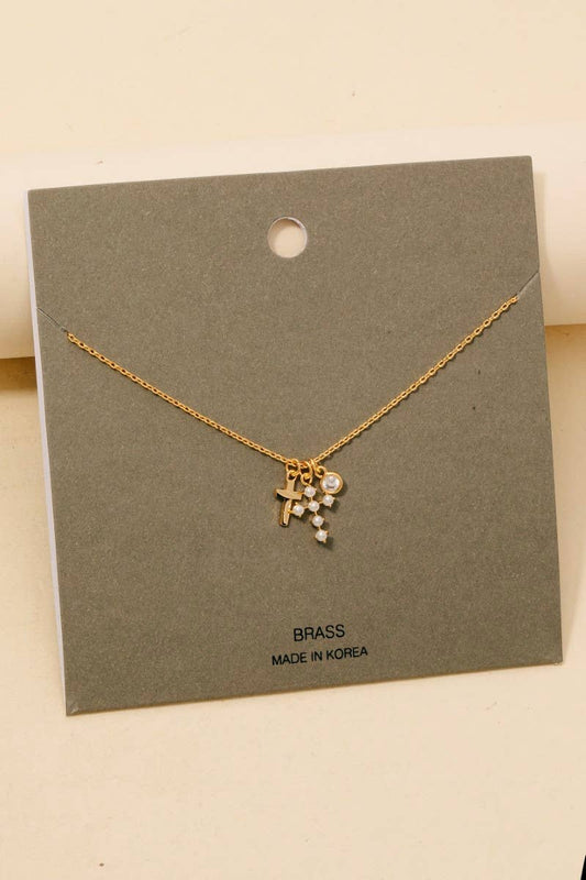 Pearl Cross + Gem Charms Gold Chain Necklace