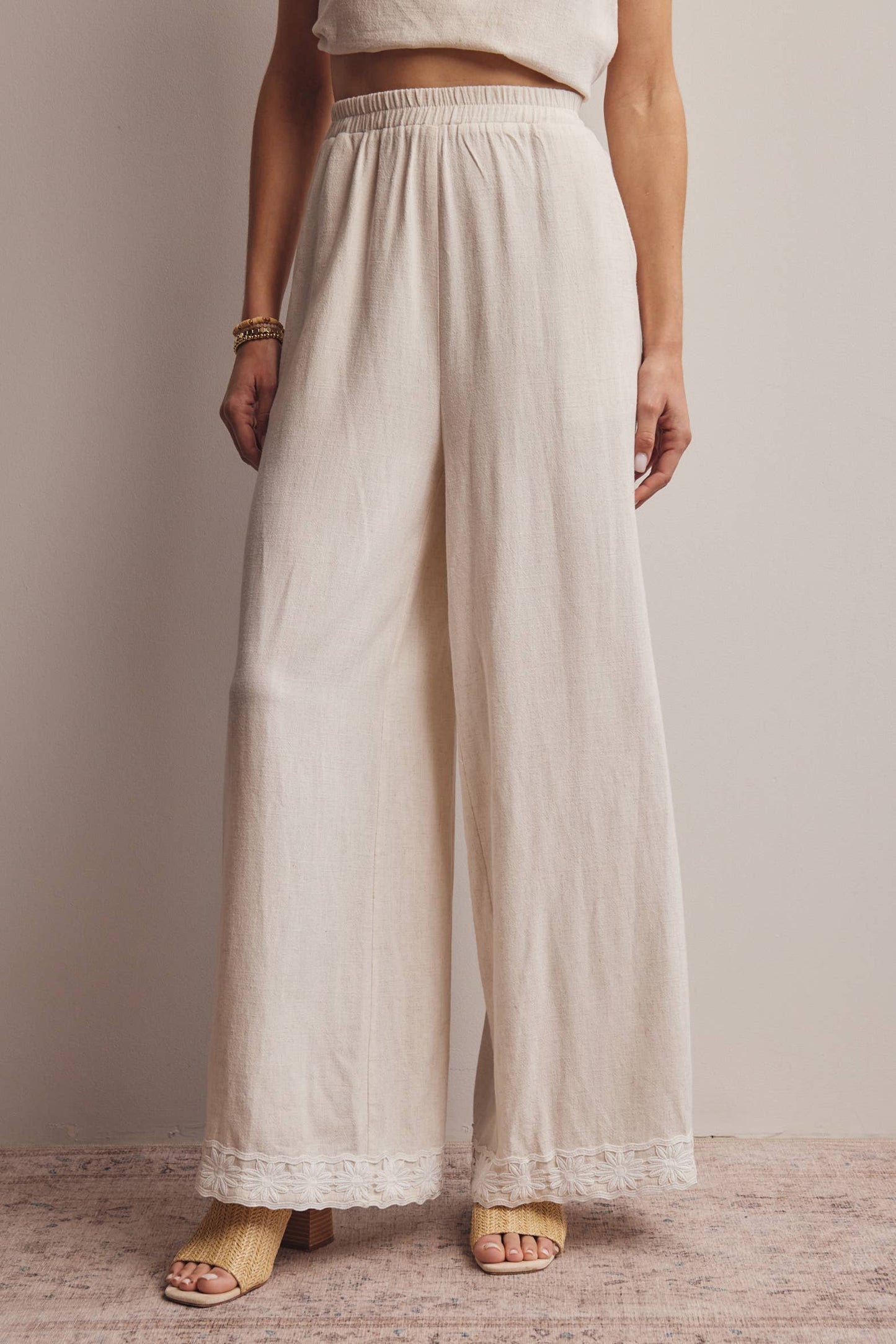 Embroidered Square-Neck Tank & Wide-Leg Pant Set (Oatmeal)