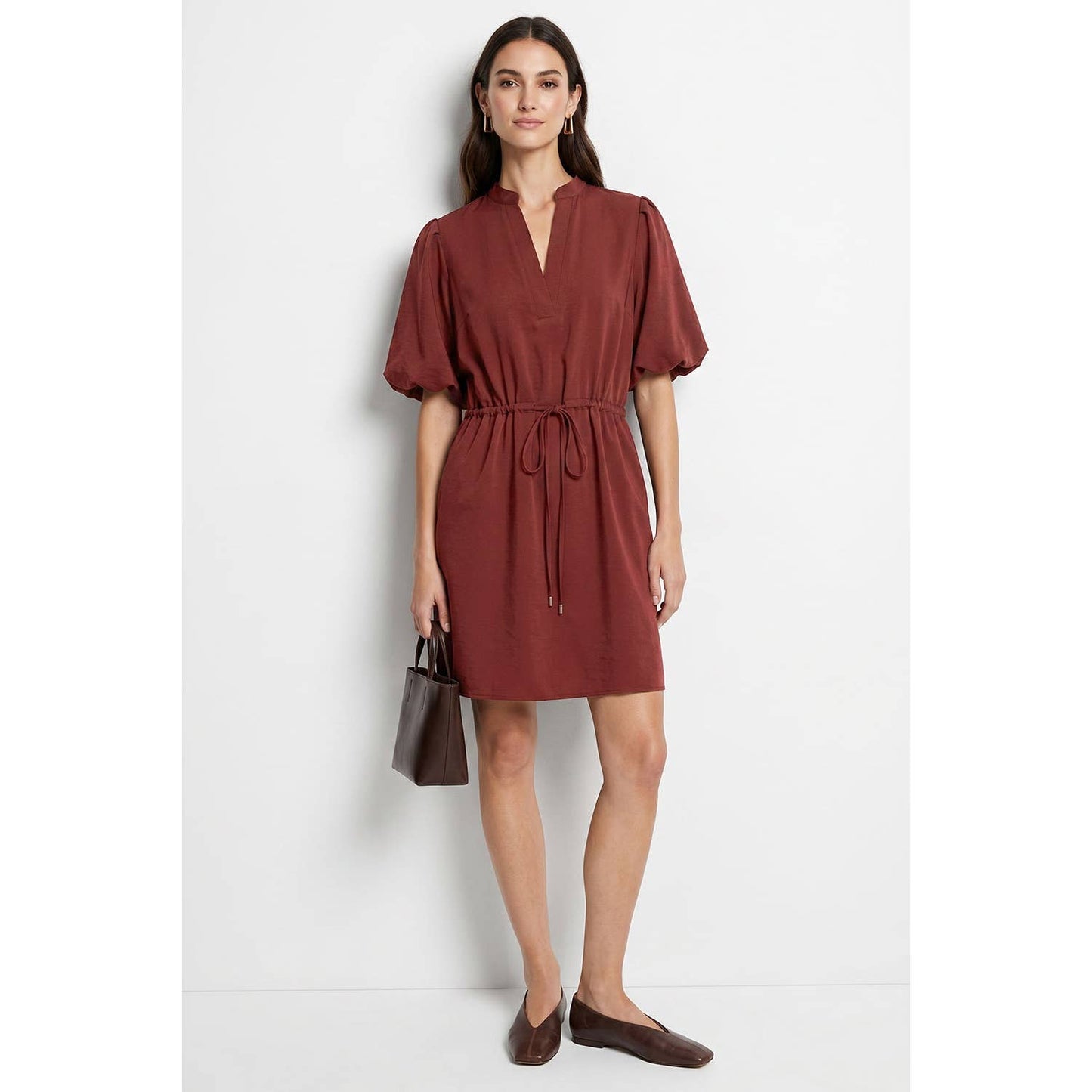 Burgundy Puff Sleeve Cinched Waist Mini Dress