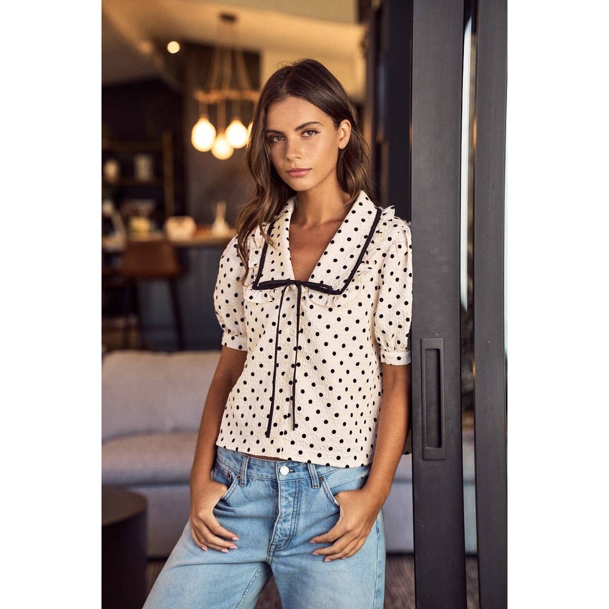 Sweet Poise Polka Dot Ribbon Detail Blouse Top
