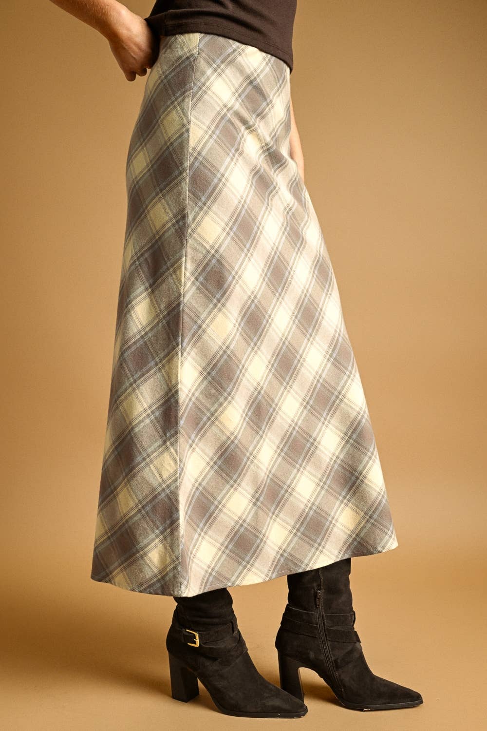 Ecru/Blue Plaid Printed Stretch Maxi Skirt