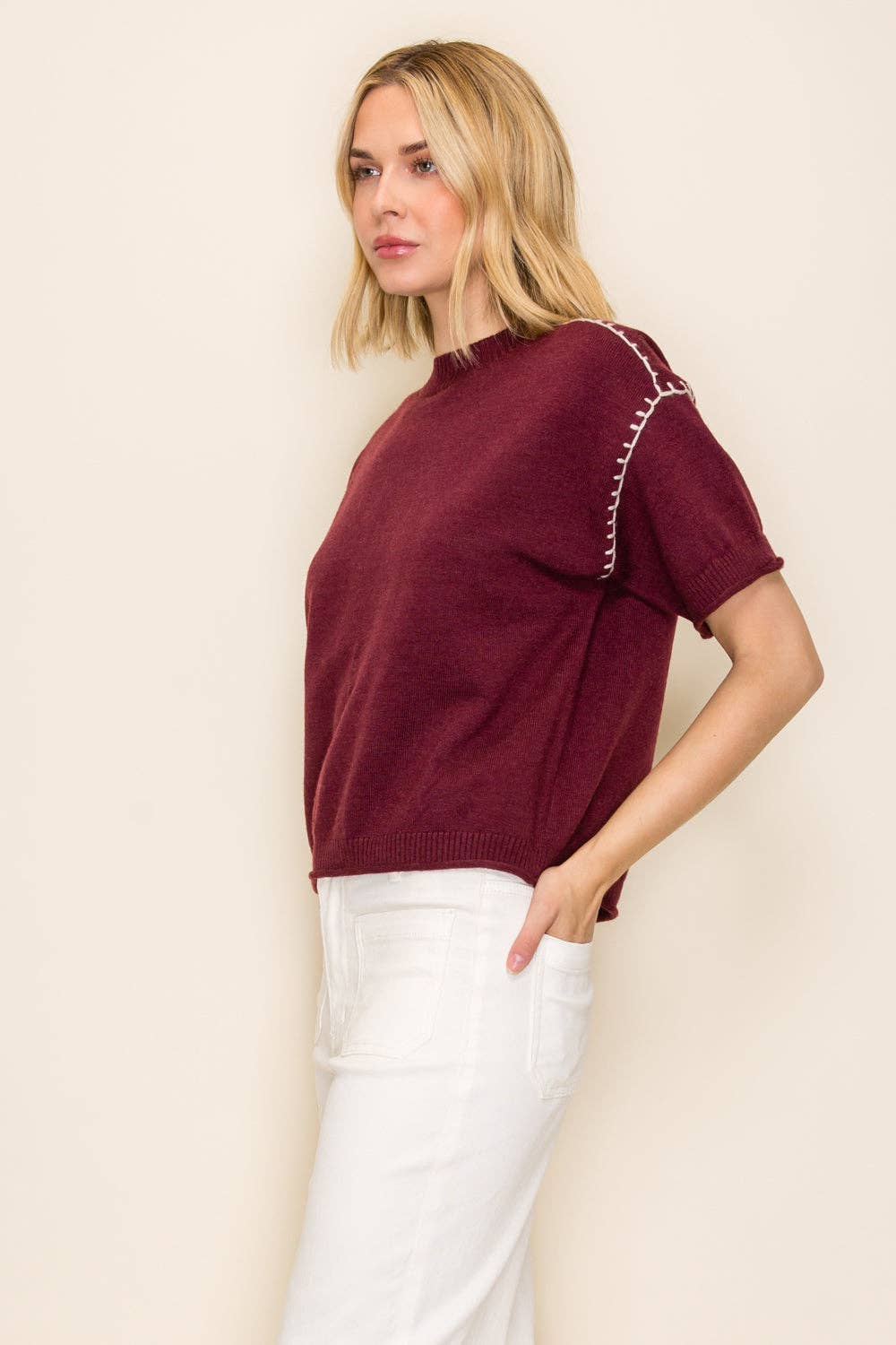 Whipstitch Wine/Ivory Relaxed Fit Top