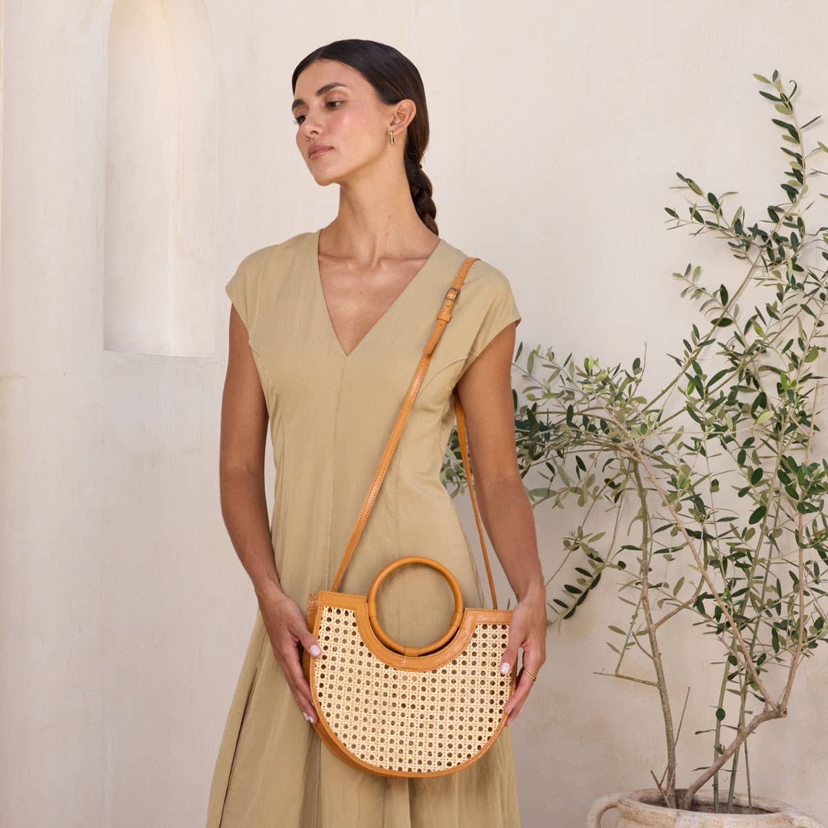 Brown Leather Square Cane Weave Rattan Handbag