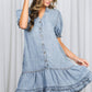 Washed Denim V-Neck Ruffle Hem Chambray Midi Dress