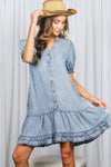 Washed Denim V-Neck Ruffle Hem Chambray Midi Dress