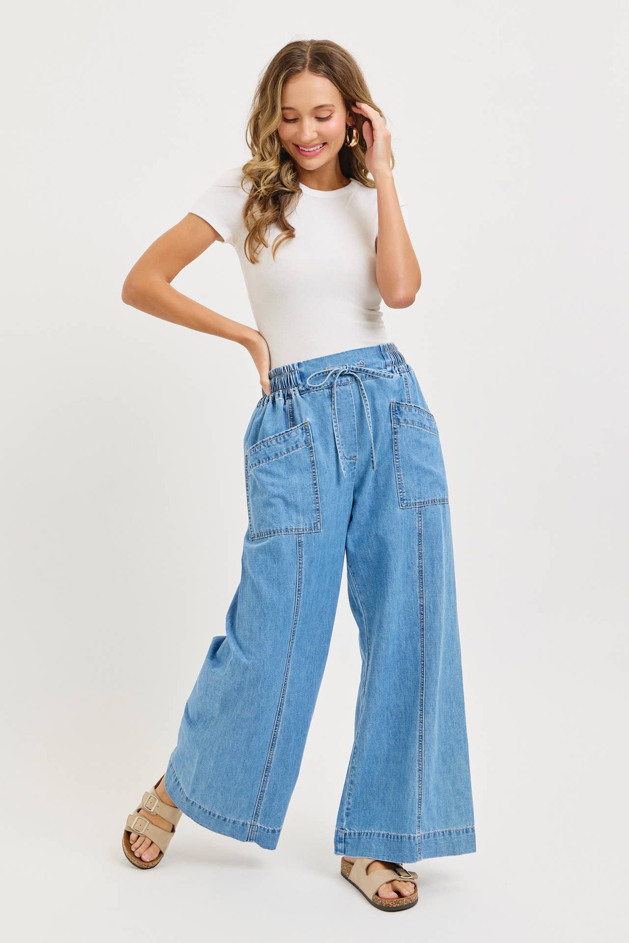 Denim Pull On Wide-Leg Pants