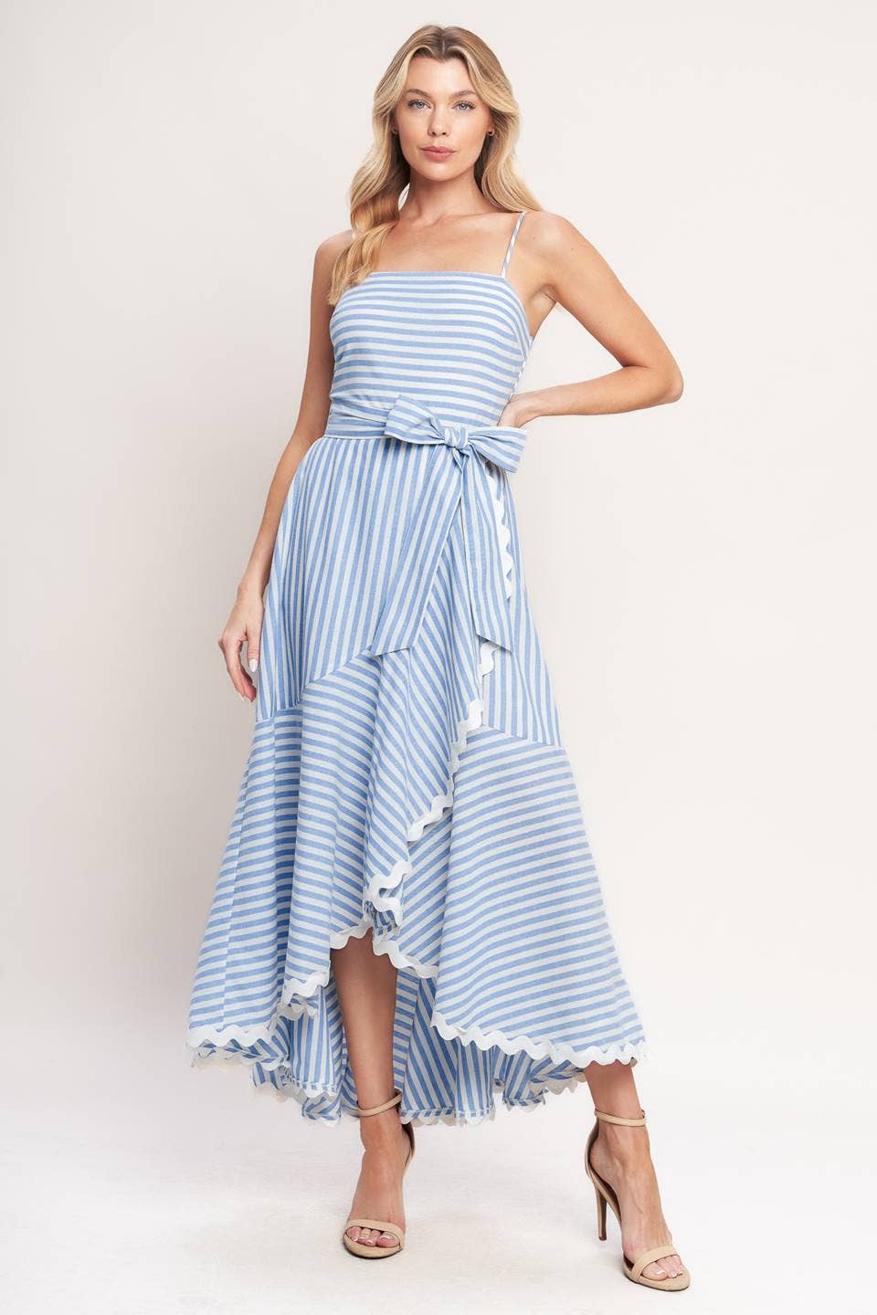 White & Blue Striped Ruffle Hem Midi Dress