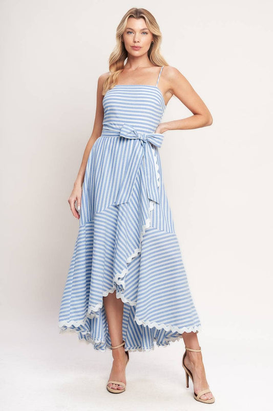 White & Blue Striped Ruffle Hem Midi Dress