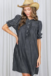 Black Denim Ruffle Detail Chambray Mini Dress