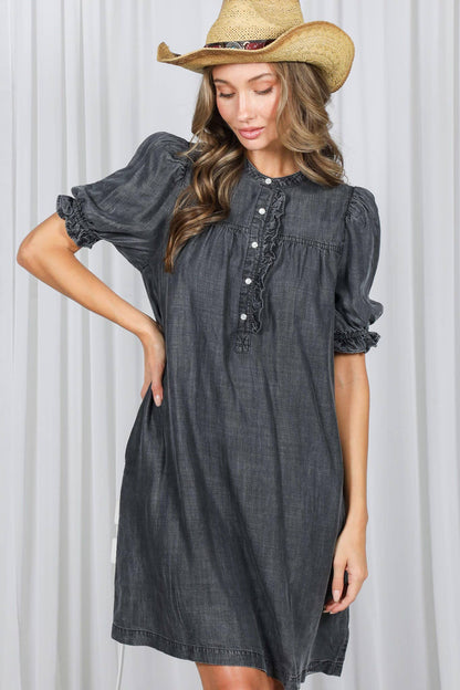 Black Denim Ruffle Detail Chambray Mini Dress