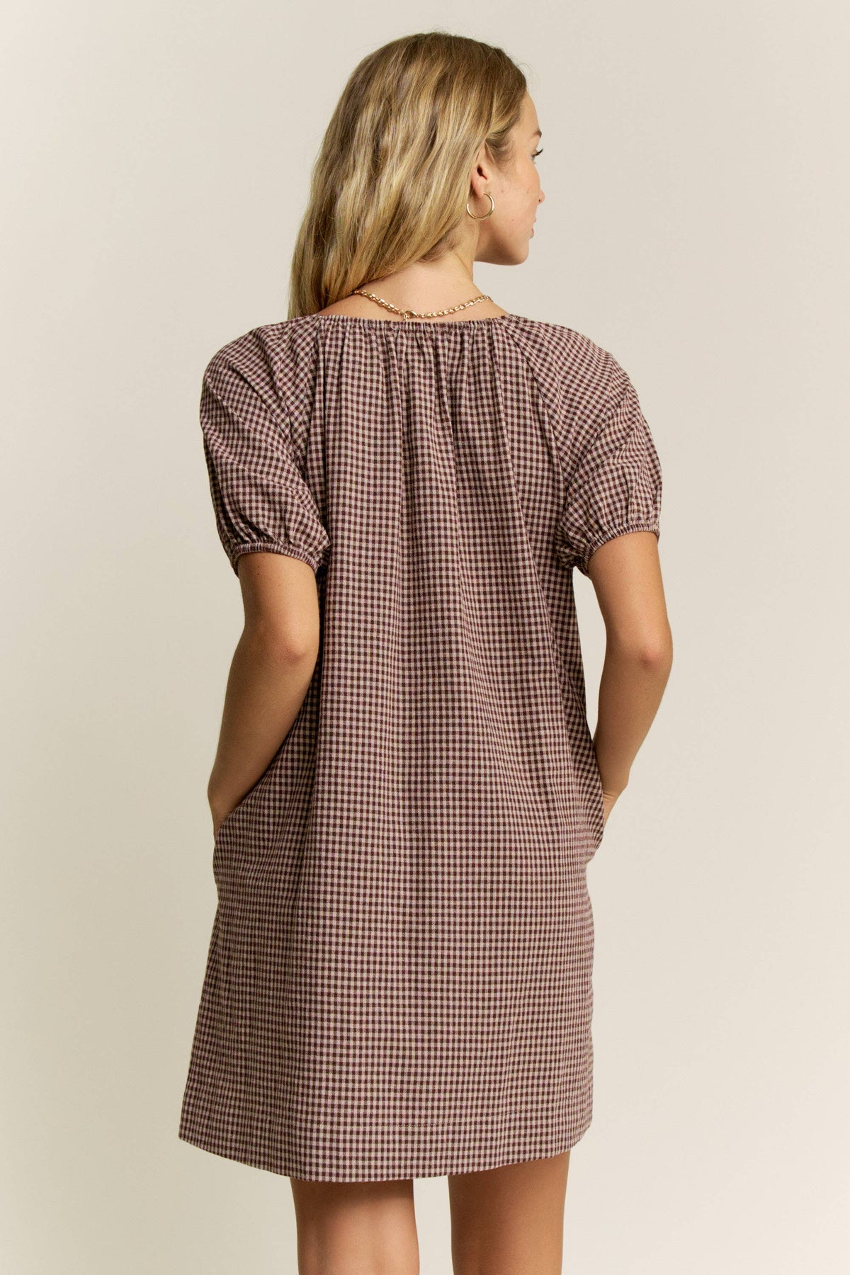 Gingham Mocha Puff Sleeve Drawstring Neck Dress