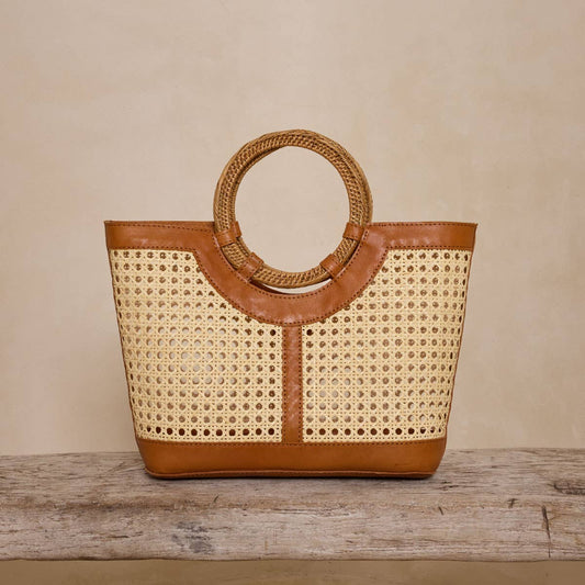 Brown Leather Large Square Cane Weave Tote Rattan Handle