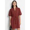 Burgundy Puff Sleeve Cinched Waist Mini Dress
