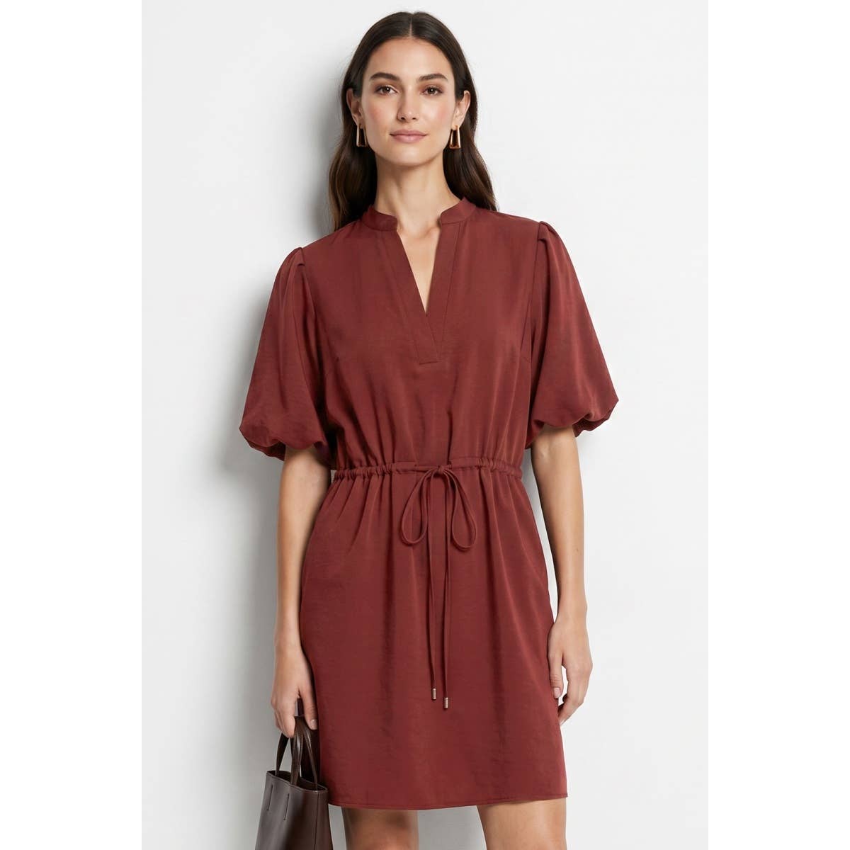 Burgundy Puff Sleeve Cinched Waist Mini Dress