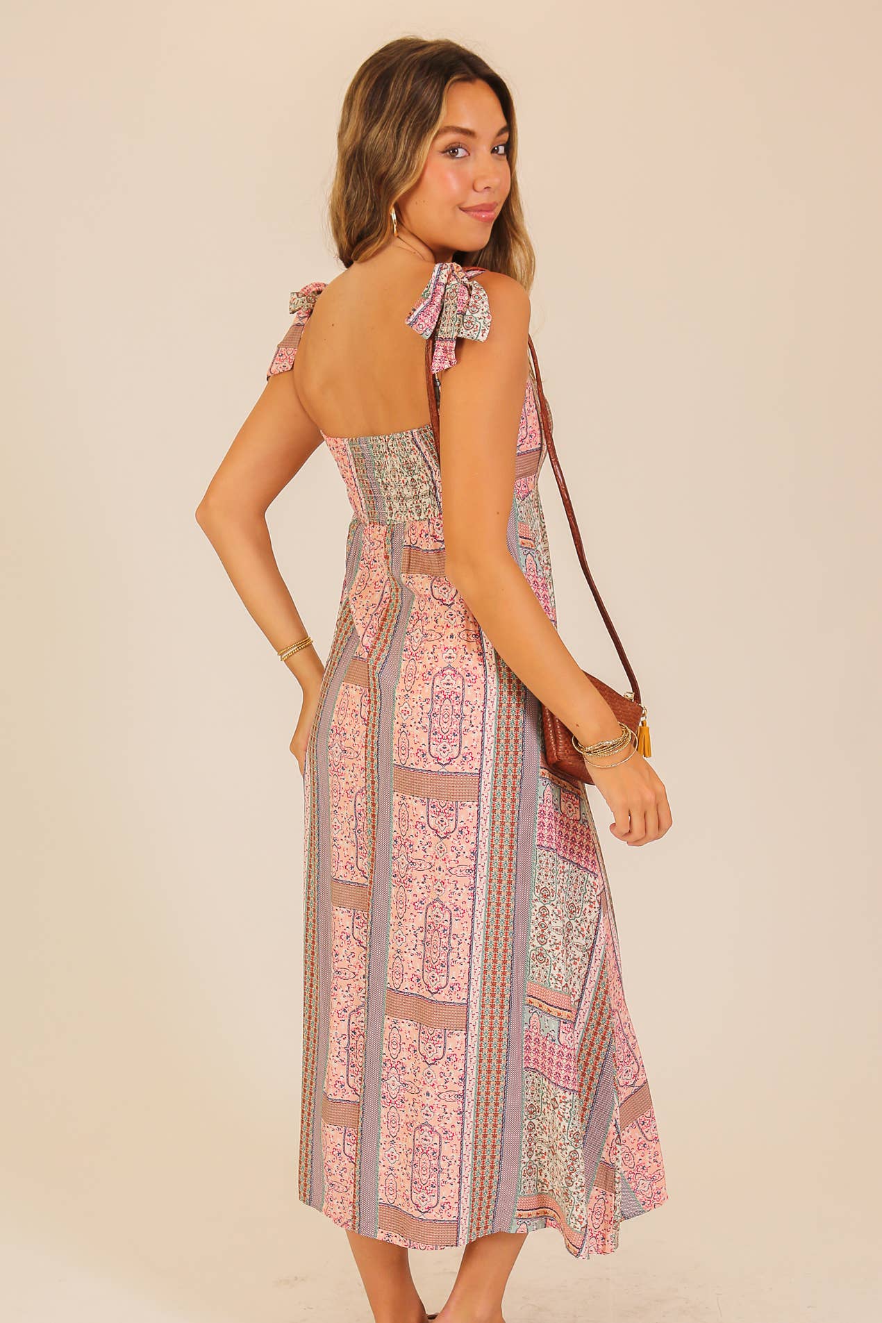 Patchwork Print Tie-Shoulder Maxi Dress