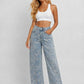 Floral Jacquard Button Pocket Wide Leg Denim Pants