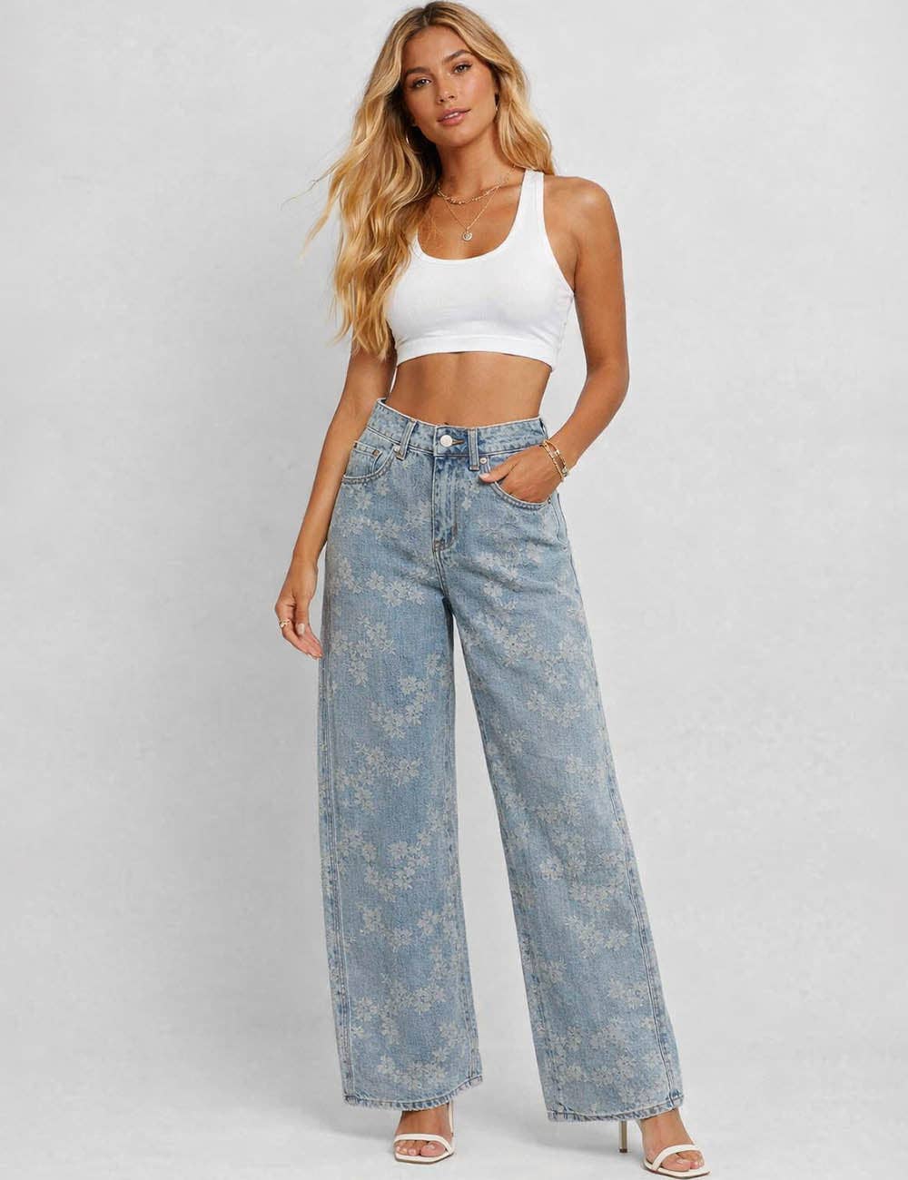 Floral Jacquard Button Pocket Wide Leg Denim Pants