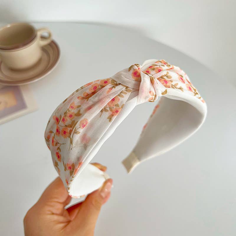 Peach Floral Printed Knot and Twist Headband