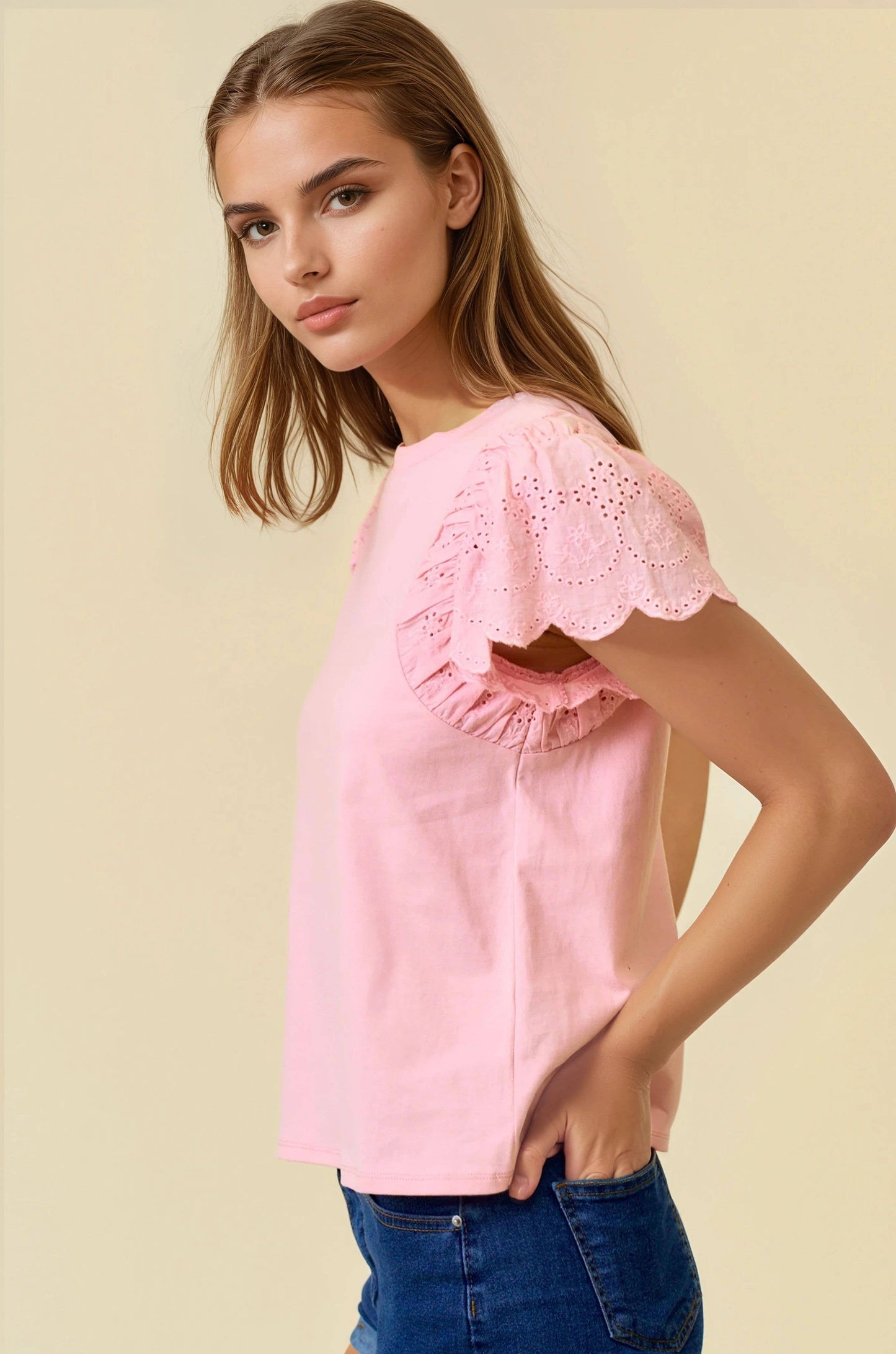 Ruffled Eyelet Short Sleeve Top