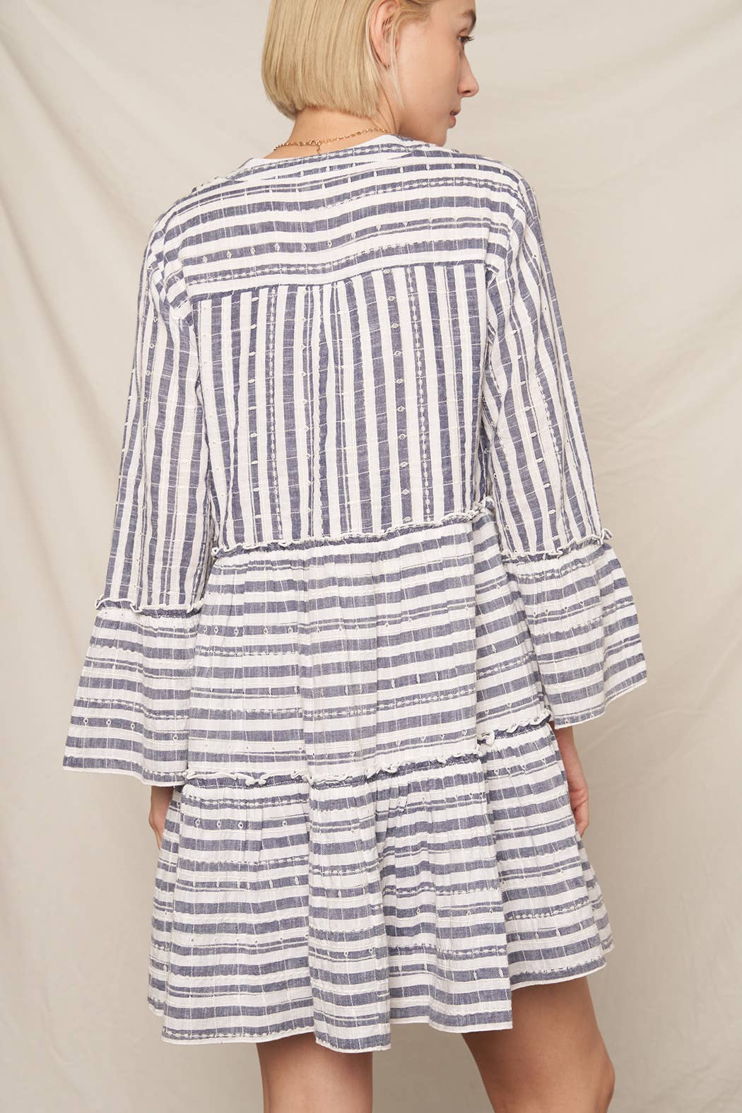 Navy Ivory 3/4 Sleeve V-Neck Striped Tiered Mini Dress