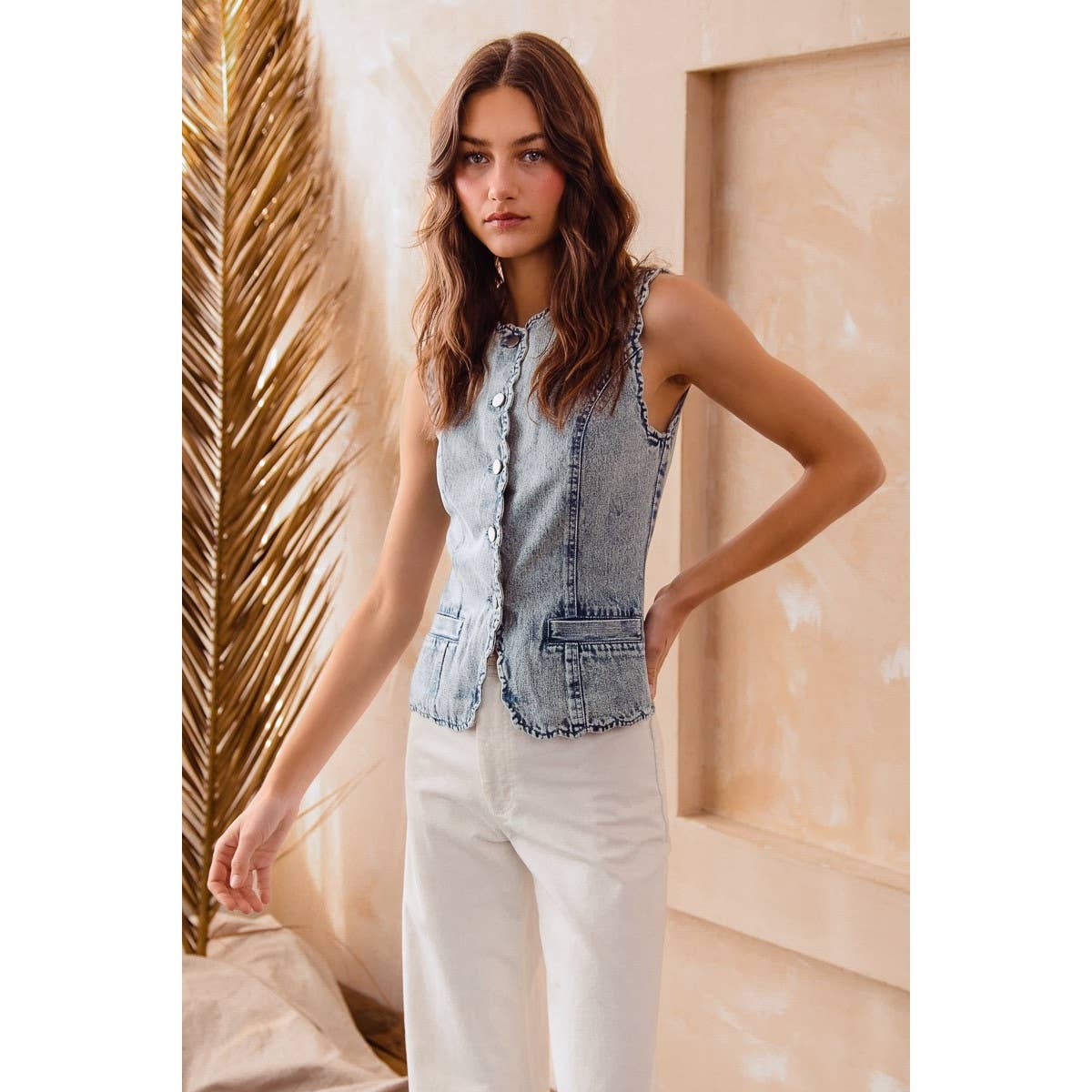 Button Up Washed Denim Vest With Scallop Edge