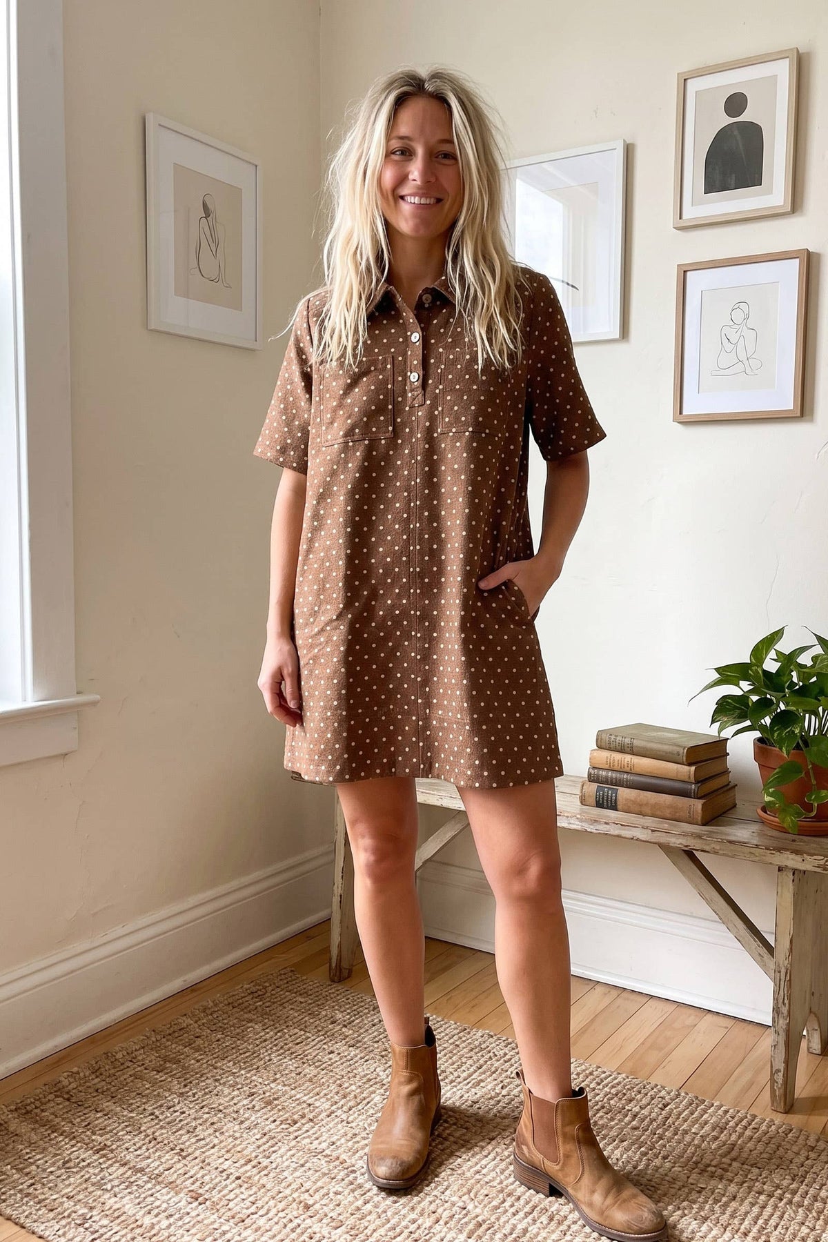 Polka Dot Brown Denim Shirt Dress