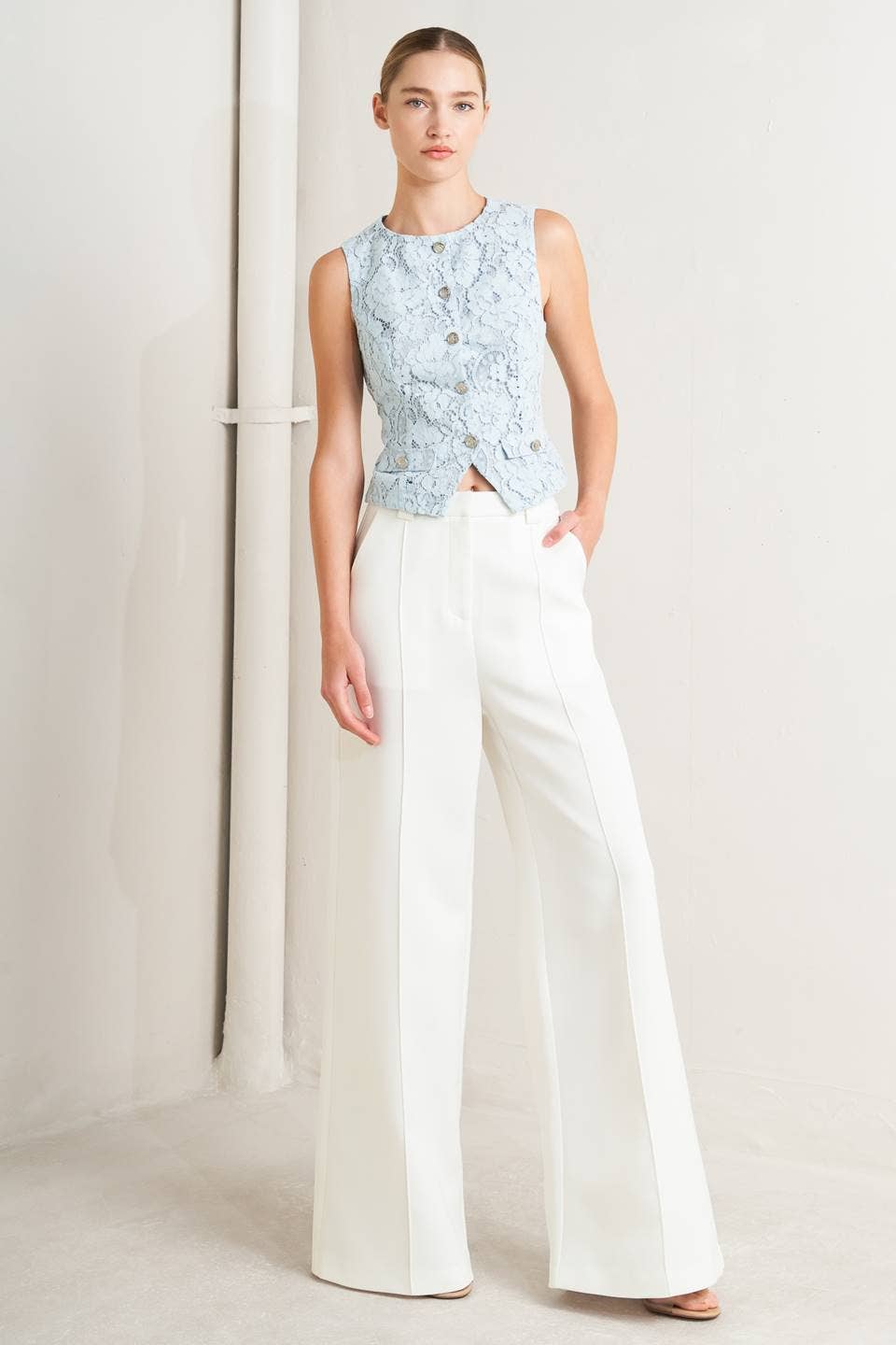 White Wide Leg Woven Side Pocket Pants