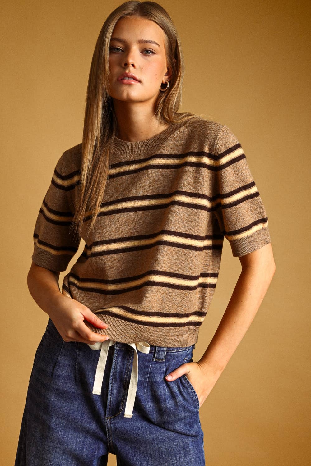 Latte Stripe Short Sleeve Knit Top