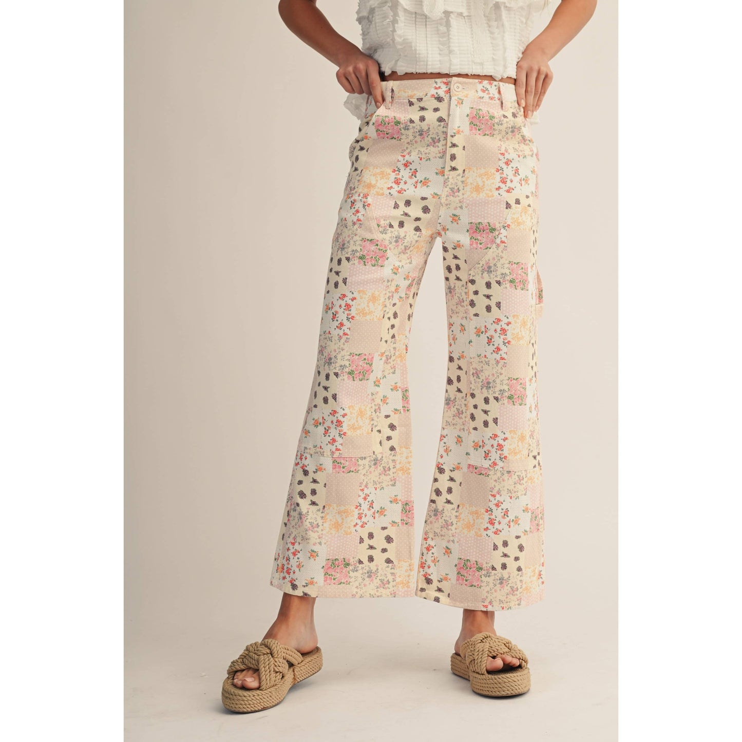 Vintage Pastel Floral Patchwork Wide Leg Pants