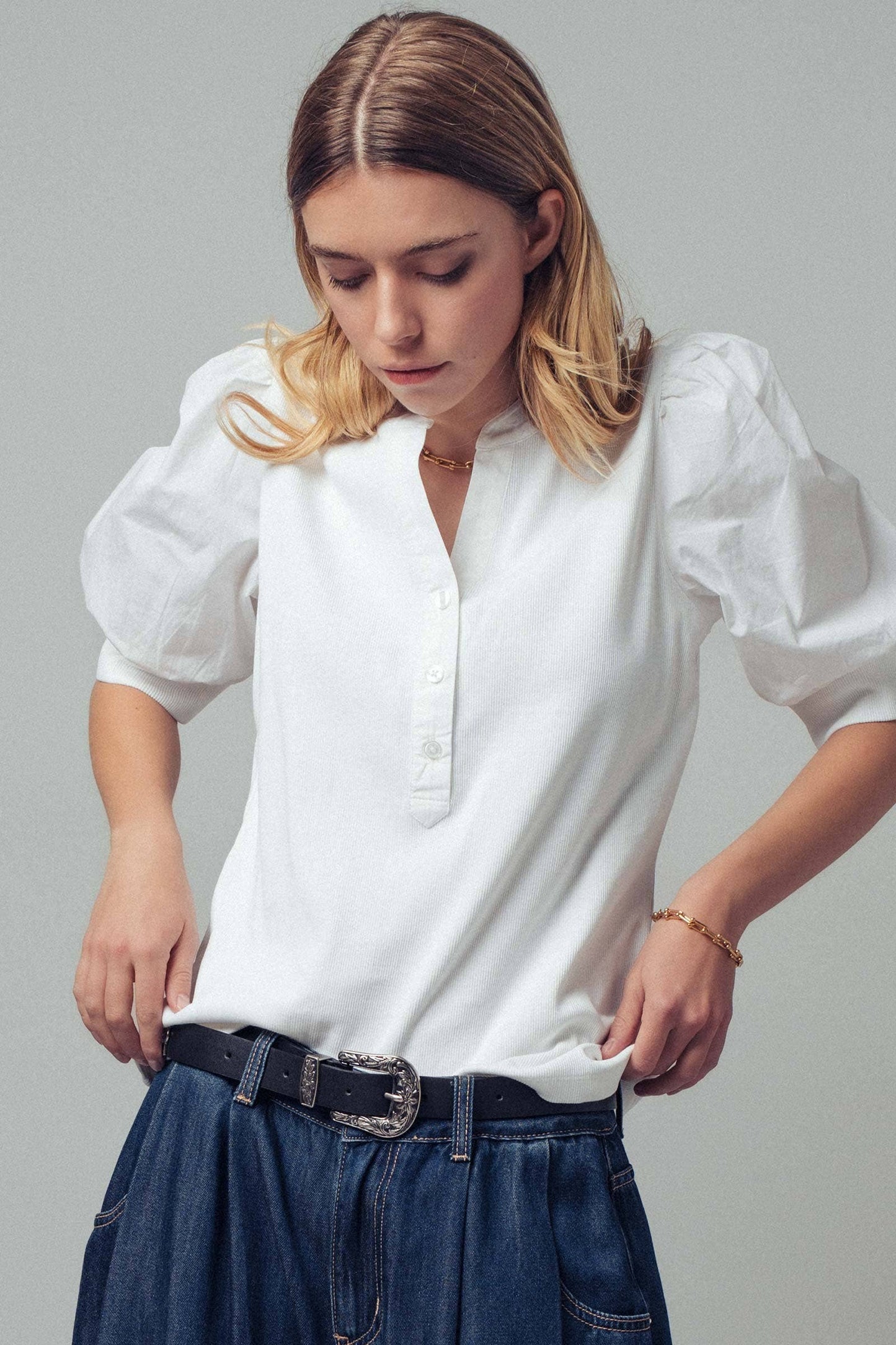 Ivory Puff Sleeve Henley Top