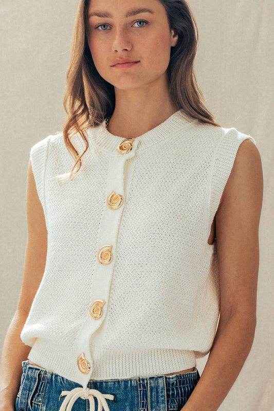 Textured Knit Vest Seashell Buttons