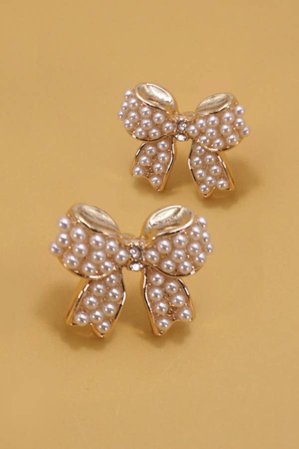 Gold Mini Pearl Bow Ribbon Earrings