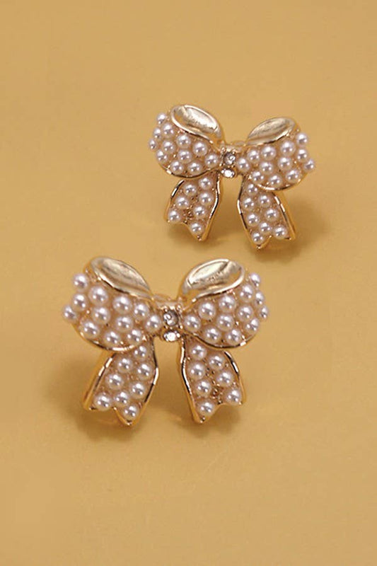 Gold Mini Pearl Bow Ribbon Earrings