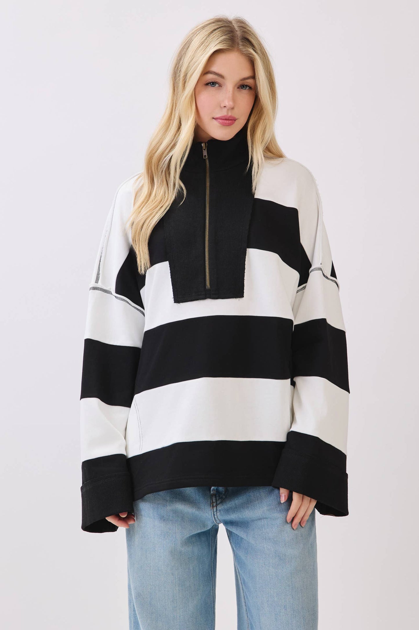Varsity Black/White Stripe Zip Pullover