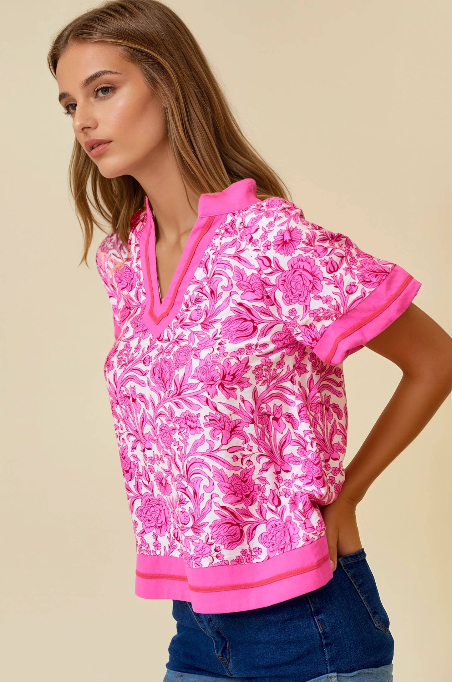 Vibrant Pink Floral Ruffle Tiered Top