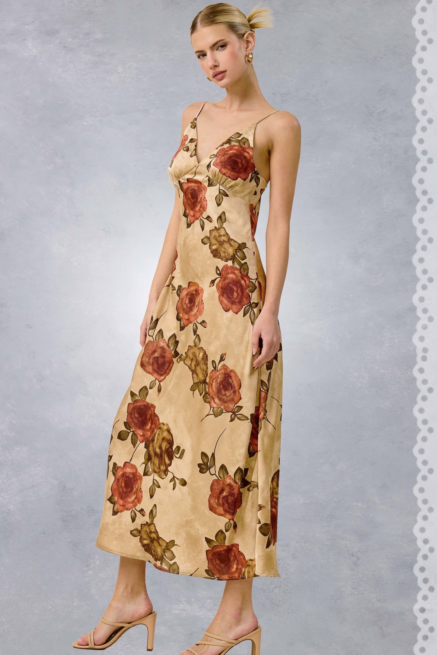 Fall Floral Satin Midi Slip V-Neckline Dress