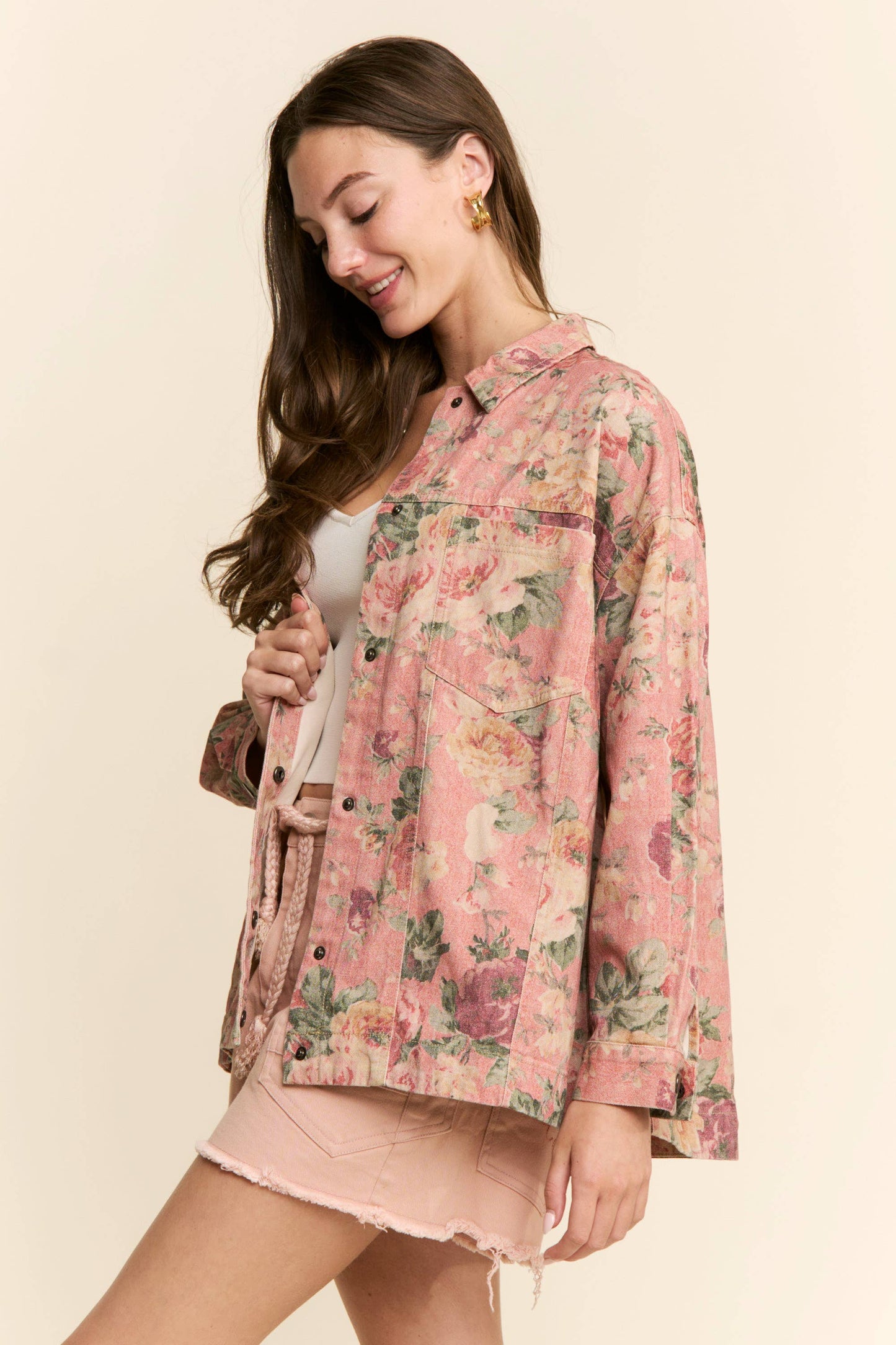 Pink Floral Print Denim Shacket