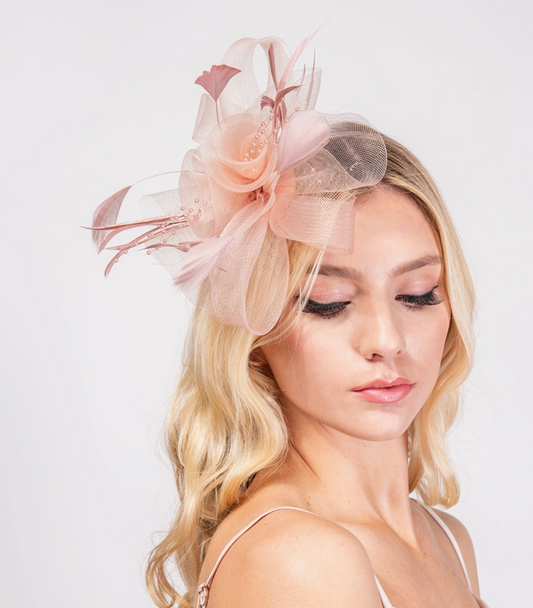Royal Blue Feather & Double Floral Mesh Fascinator Headband/Clip