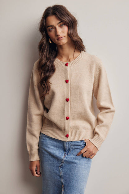 Heart Button Cream Knit Cardigan