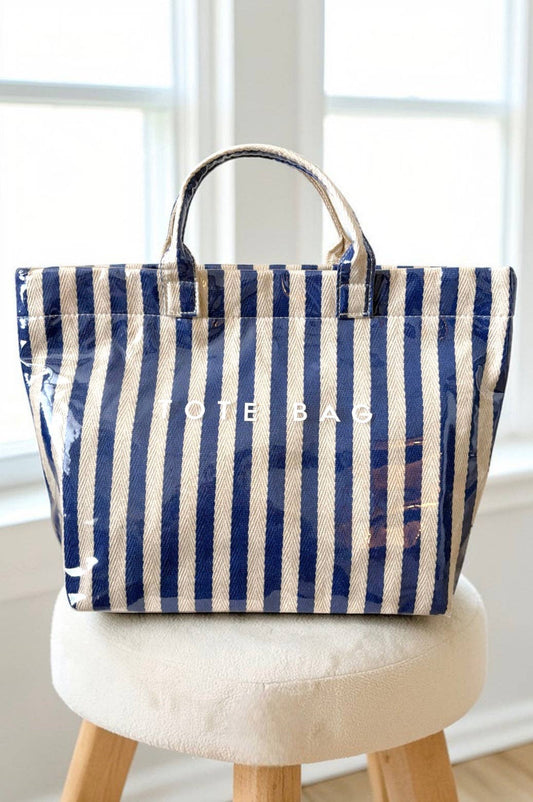 Blue and Beige Striped Tote Bag