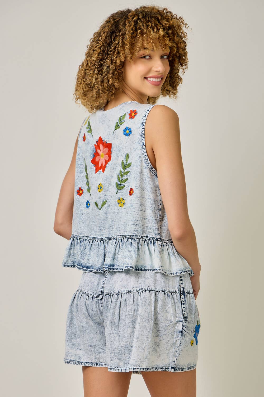 Floral Embroidered Front Tie Ruffled Vest