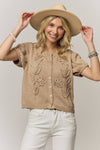 Embroidered Tan Short Sleeve Cardigan